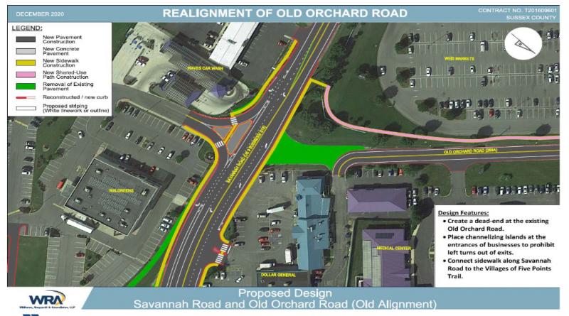 A section of Old Orchard Road (in green) will be removed to create a new intersection at Savannah Road. DELDOT GRAPHIC